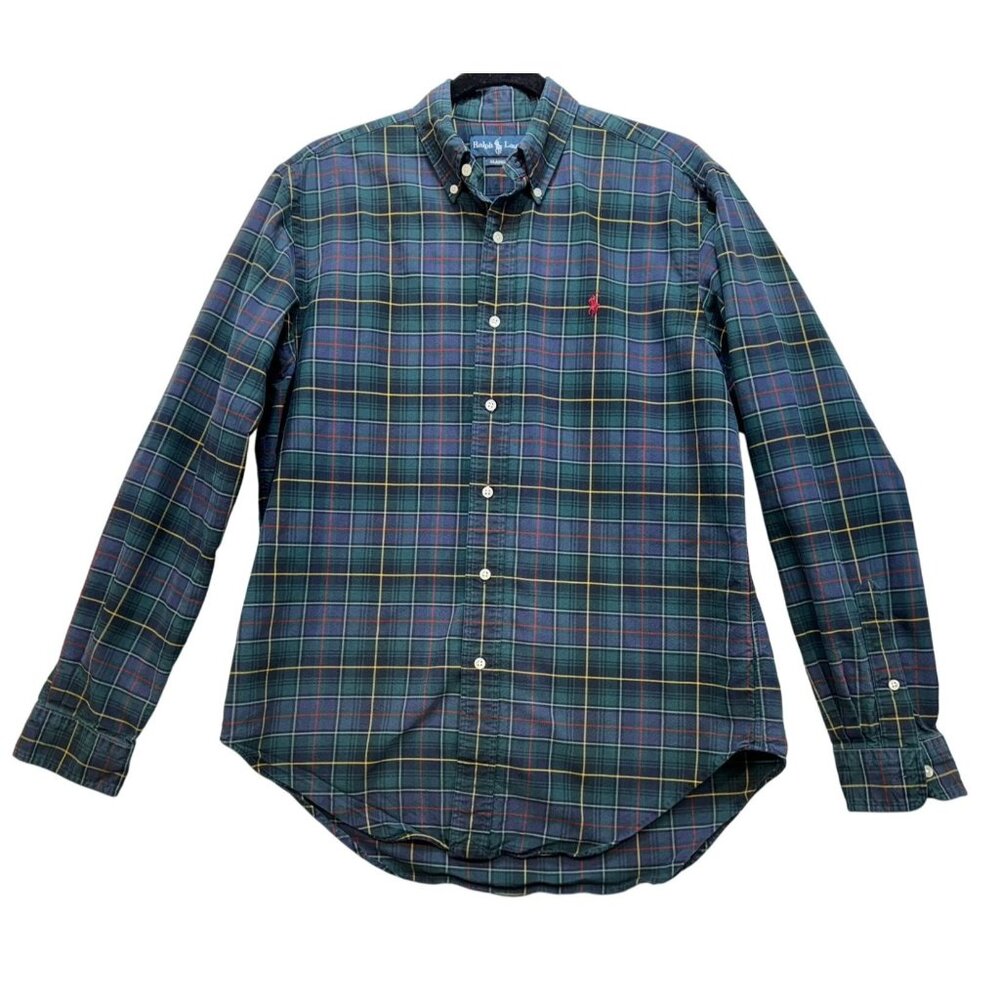 Vintage Ralph Lauren Mens Classic Fit Plaid Long Sleeve Shirt M Navy Green
